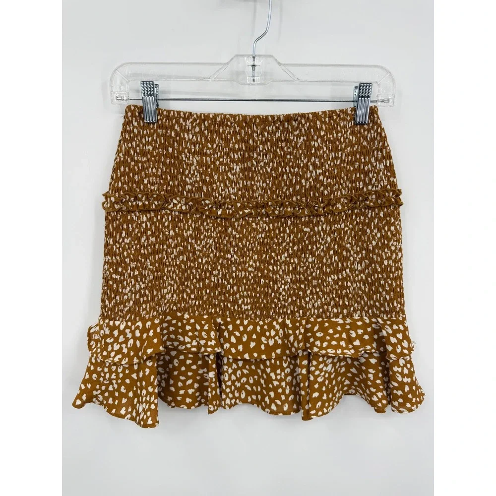 ACOA Smocked Ruffle Mini Skirt Womens Small‎ Brown Animal Print ACE60021